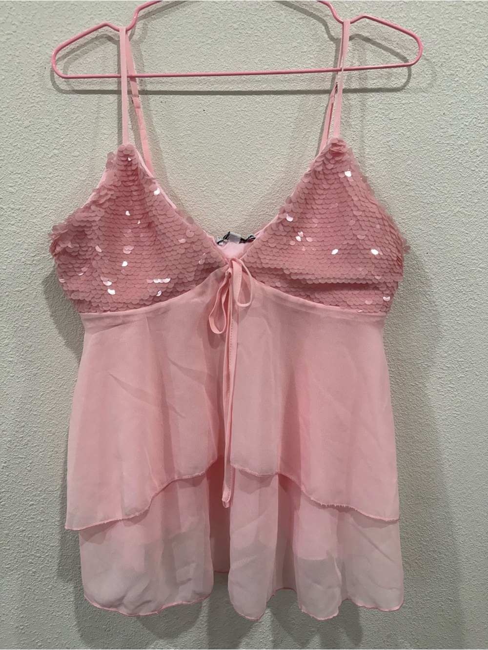 Fashion Nova Pink Sequin Mesh Babydoll Cami Top Ibiza Y2K Fairycore M - Picture 2 of 8